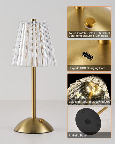 HARPER LIVING Rechargeable Table Lamp, Bedside Reading Light Gold Finish, Cordless Touch Lamps for Bedroom Living Room Dining