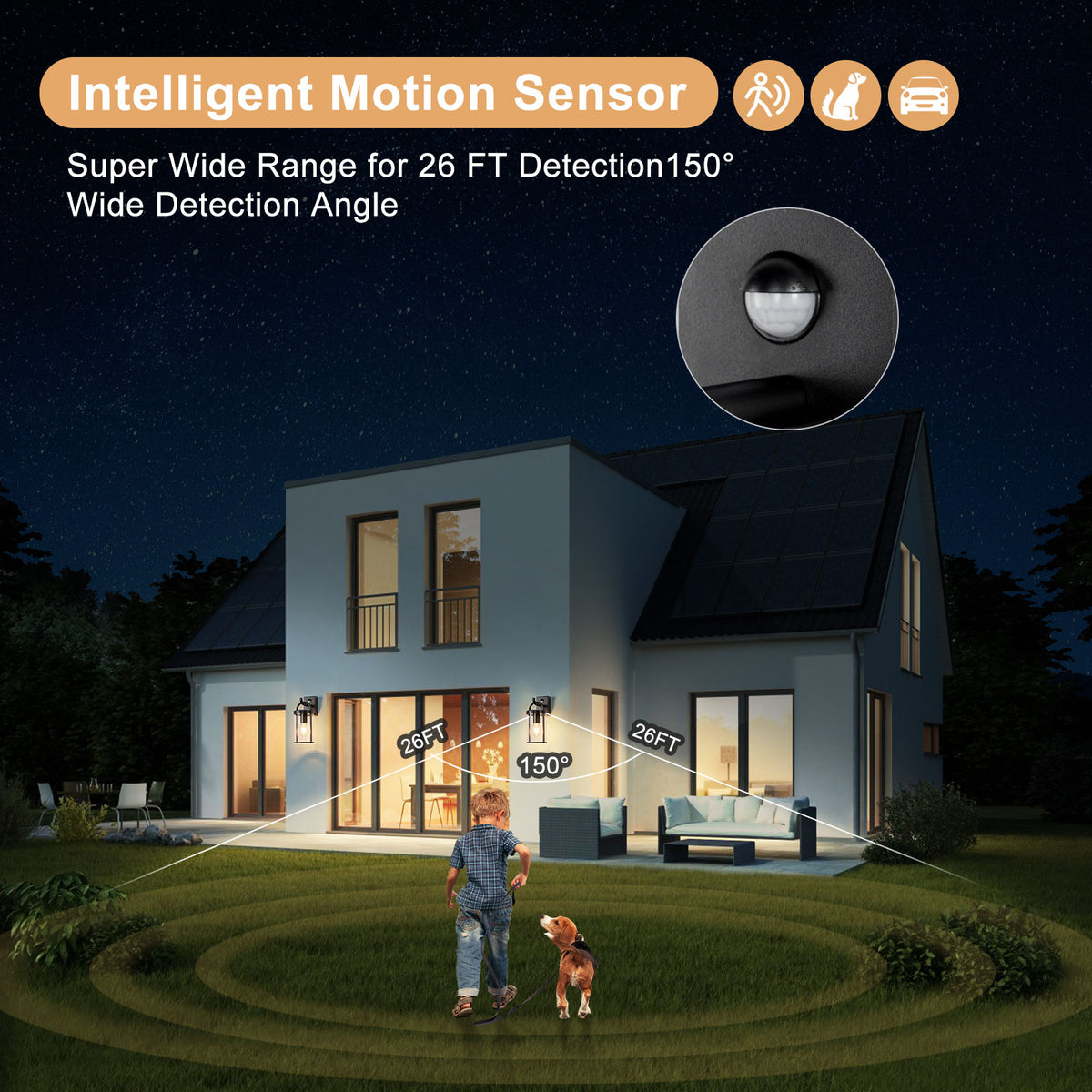 Black Outdoor PIR Sensor Wall Light and Sconce with Cylinder Clear Sha ...