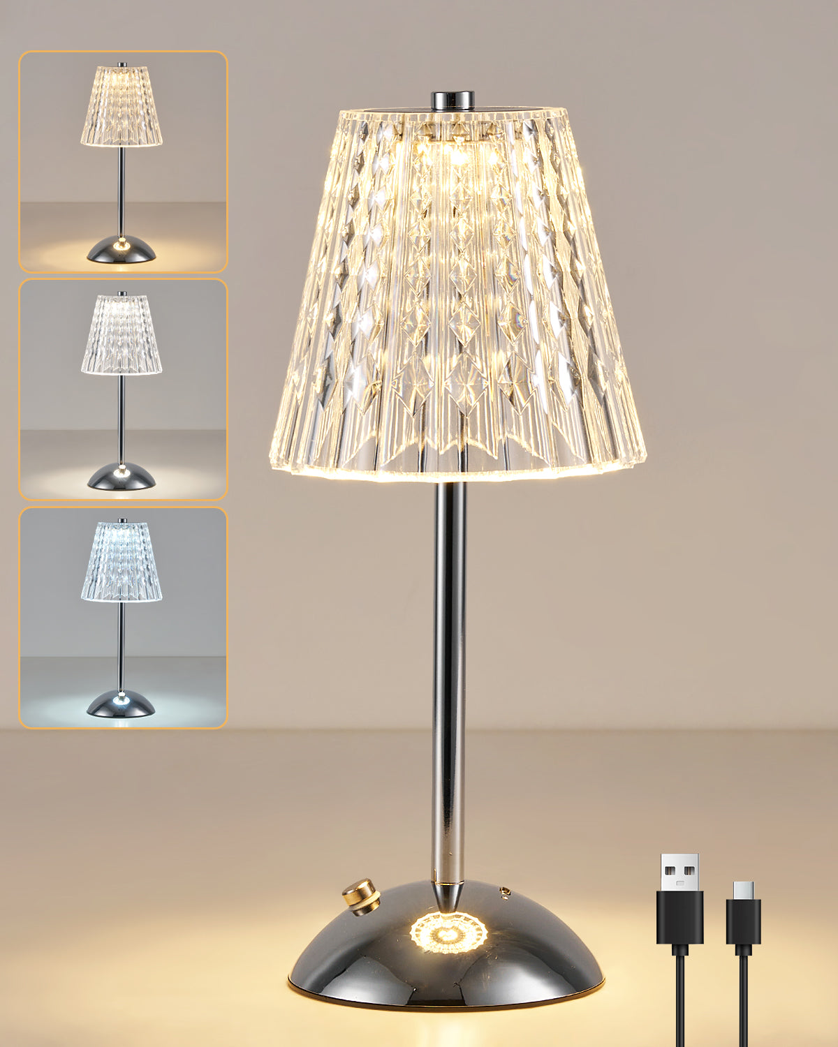 HARPER LIVING Rechargeable Table Lamp, Bedside Reading Light Polished Chrome Finish, Cordless Touch Lamps for Bedroom Living Room
