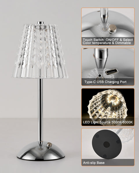 HARPER LIVING Rechargeable Table Lamp, Bedside Reading Light Polished Chrome Finish, Cordless Touch Lamps for Bedroom Living Room