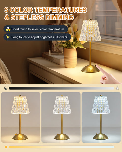 HARPER LIVING Rechargeable Table Lamp, Bedside Reading Light Gold Finish, Cordless Touch Lamps for Bedroom Living Room Dining