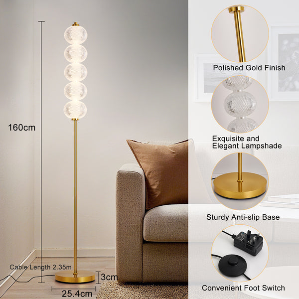 HARPER LIVING LED Floor Lamp Gold, 20W 2400LM Bright Standing Lamp with Foot Switch, 3 Colour Temps, Modern Corner Lamp