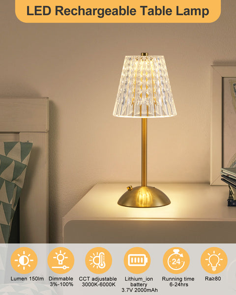 HARPER LIVING Rechargeable Table Lamp, Bedside Reading Light Gold Finish, Cordless Touch Lamps for Bedroom Living Room Dining