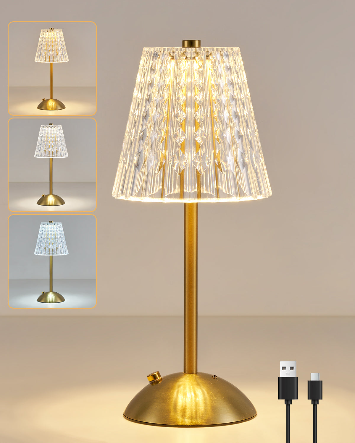HARPER LIVING Rechargeable Table Lamp, Bedside Reading Light Gold Finish, Cordless Touch Lamps for Bedroom Living Room Dining