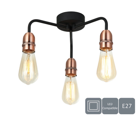 HARPER LIVING 3 Light Ceiling Light, Black with Copper, E27/ES Cap Type, Drop-Arms