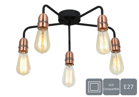 HARPER LIVING 5 Light Ceiling Light, Black with Copper, E27/ES Cap Type, Drop Arms