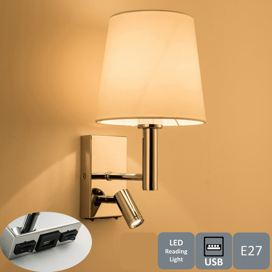 HARPER LIVING Wall Light With Adjustable LED Reading Lamp & USB Charging – Polished Chrome, White Square Shade