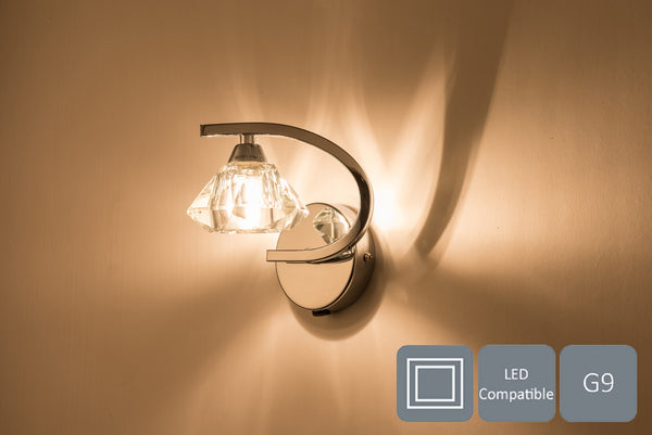 Single Left Curved Wall Light and Sconce, Clear Glass Shade, Polished Chrome Finish