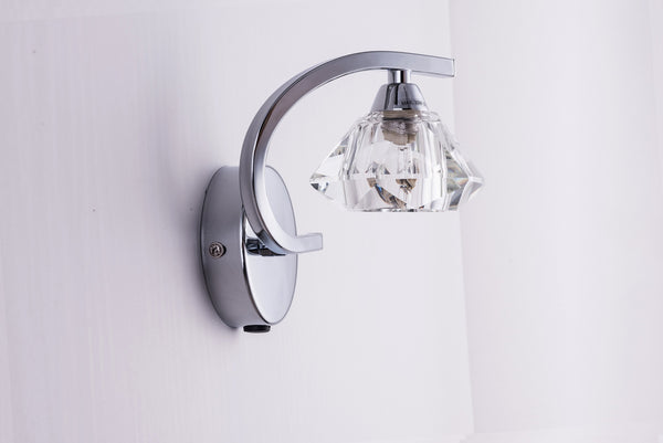 Single Right Curved Wall Light and Sconce, Clear Glass Shade, Polished Chrome Finish