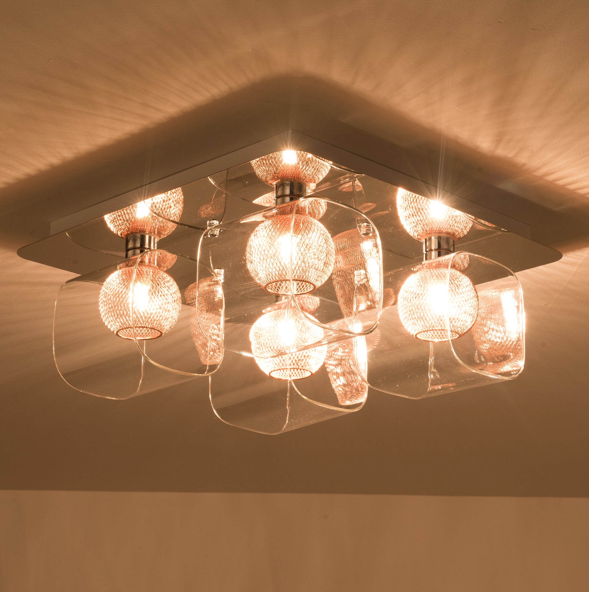 Polished Chrome Ceiling Light, Decorative Inner mesh in Copper with glass Shades