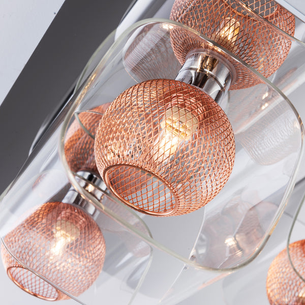 Polished Chrome Ceiling Light, Decorative Inner mesh in Copper with glass Shades