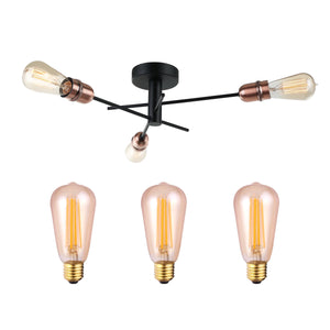 HARPER LIVING 3 Lights Ceiling Light with Amber Bulbs, Black with Copper Finish, E27/ES Cap Type