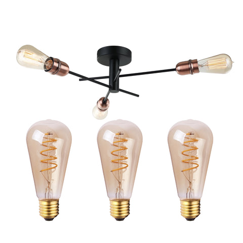 HARPER LIVING 3 Lights Ceiling Light with Vintage Amber Bulbs, Black with Copper Finish, E27/ES Cap Type