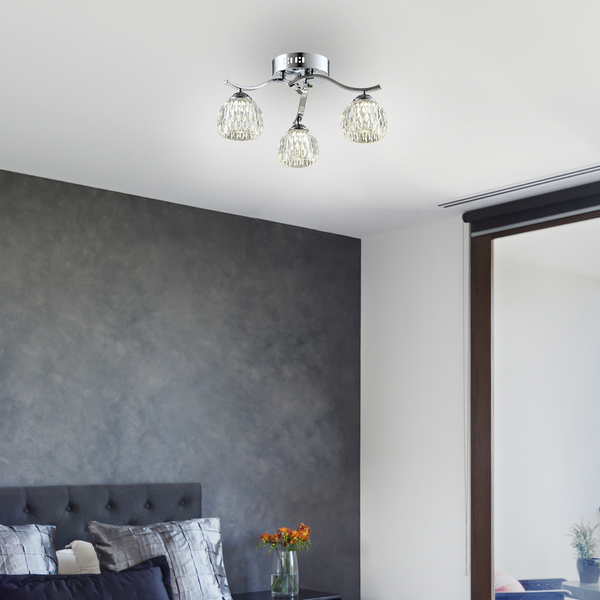 Modern 3 Light Semi-Flush Ceiling Light, G9 Cap Type, Polished Chrome Finish, Glass Shades Included, Bulbs Not Included