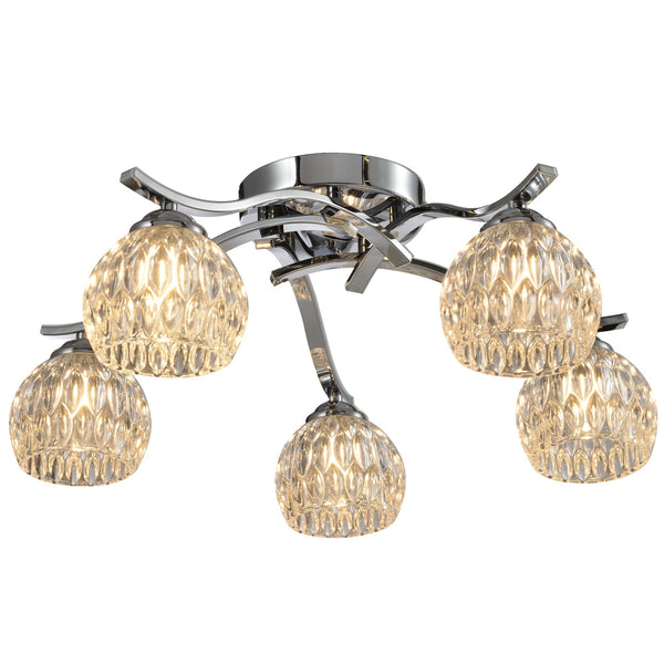 Modern 5 Light Semi-Flush Ceiling Light, G9 Cap Type, Polished Chrome Finish, Glass Shades Included, Bulbs Not Included