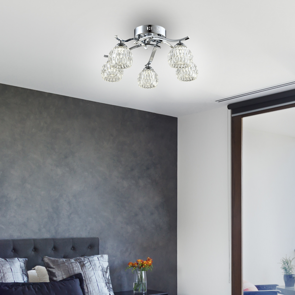 Modern 5 Light Semi-Flush Ceiling Light, G9 Cap Type, Polished Chrome Finish, Glass Shades Included, Bulbs Not Included