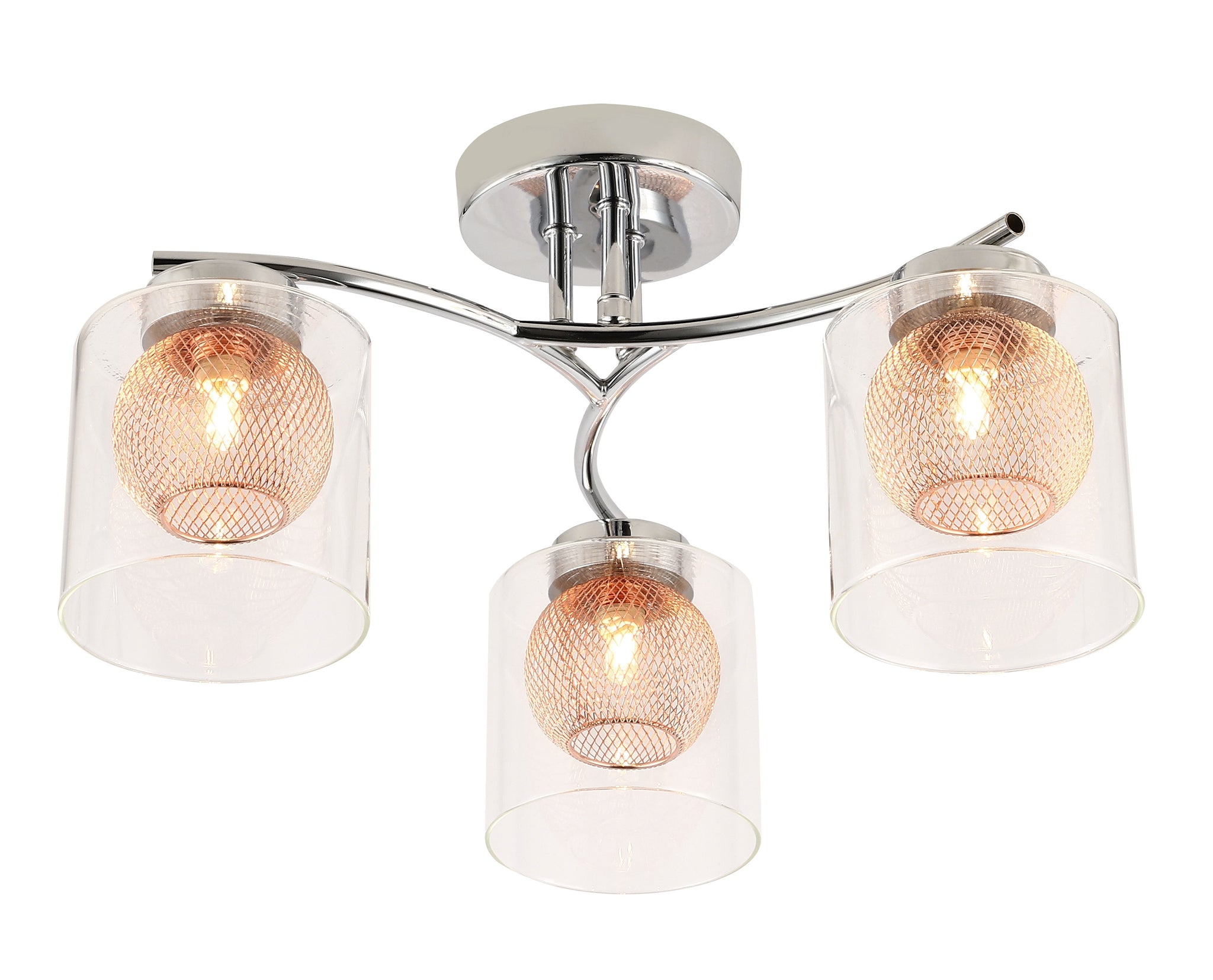 3 Light Semi-Flush Ceiling Light, Cylinder Glass Shades with Inner copper mesh