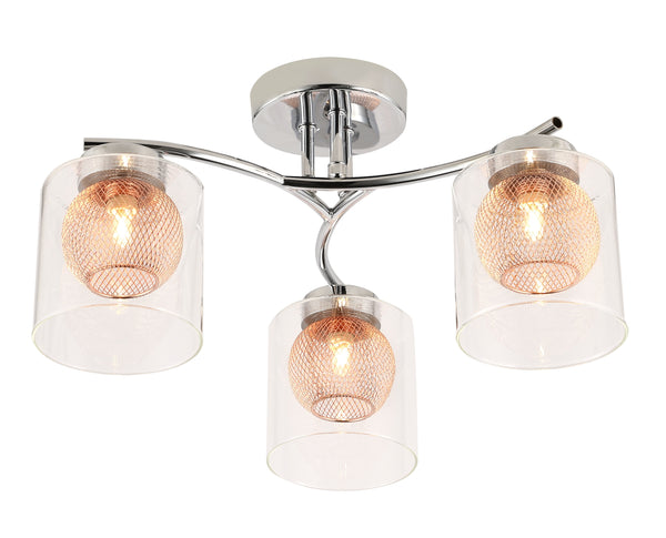 3 Light Semi-Flush Ceiling Light, Cylinder Glass Shades with Inner copper mesh