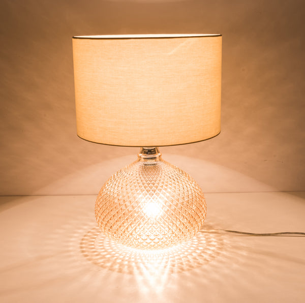 Single Table Lamp with Twin On/Off Switches, UK/EU Plug, Amber Base Glass Finish, Fabric Shade Taupe Finish, Suitable for LED Upgrade