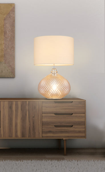 Single Table Lamp with Twin On/Off Switches, UK/EU Plug, Amber Base Glass Finish, Fabric Shade Taupe Finish, Suitable for LED Upgrade