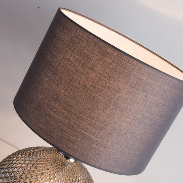 Single Table Lamp with Twin On/Off Switches, UK/EU Plug, Grey Base Glass Finish, Fabric Shade Grey Finish, Suitable for LED Upgrade