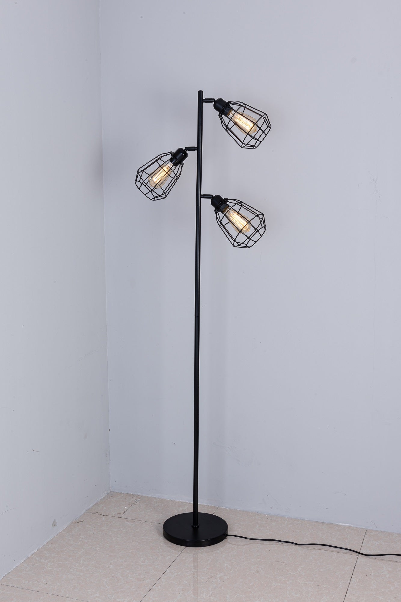 Caged Floor Lamp, 3 Lights, On/Off Switch, Black Vintage Finish, LED C ...