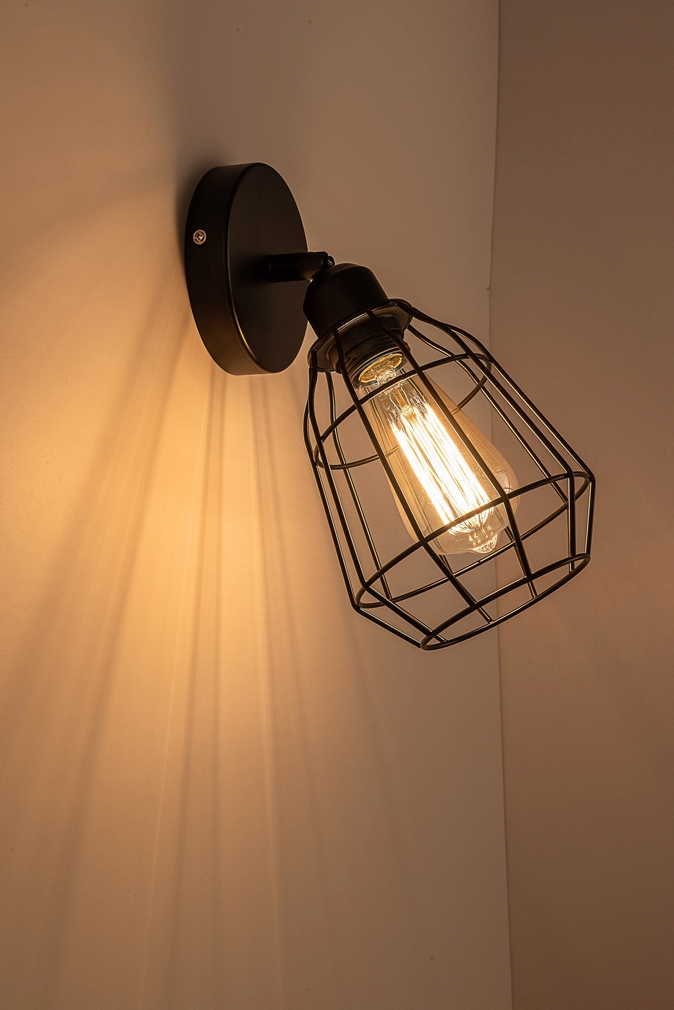 Caged Wall Light, E27/ES Cap, On/Off Switch Black Vintage Finish, LED Compatible