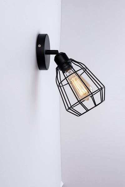 Caged Wall Light, E27/ES Cap, On/Off Switch Black Vintage Finish, LED Compatible
