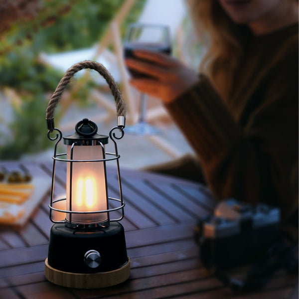 HARPER LIVING Rechargeable Camping LED Retro Water Resistant Lantern, 6 Watts 370 Lumen, Long Life Battery Powered, Dimmable and Colour Changing, Rope Handle