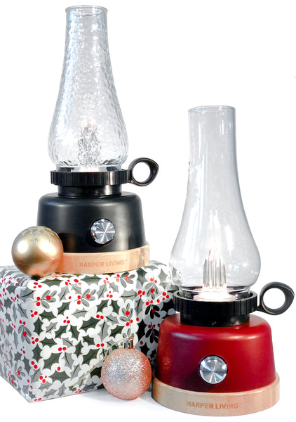LED Rechargeable Table Lantern, Red and Black Base with Clear Glass Shade, Decorative Oil Lantern Design