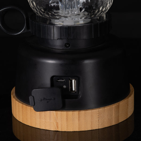 LED Rechargeable Table Lantern, Black Base with Clear Glass Shade, Decorative Oil Lantern Design