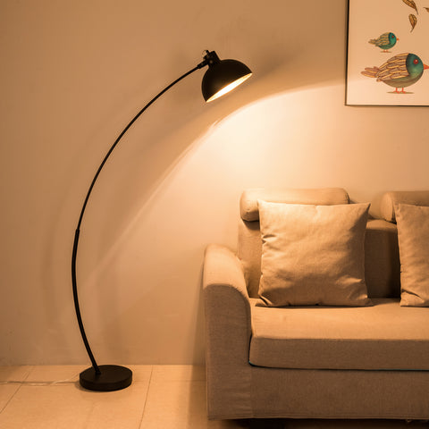 Arched Floor Lamp, Bowl Shade, Adjustable Height And Angle, On/Off Switch, ECP Plug, Reading Light, Matt Black and Gold Finish, E27 Bulb Cap