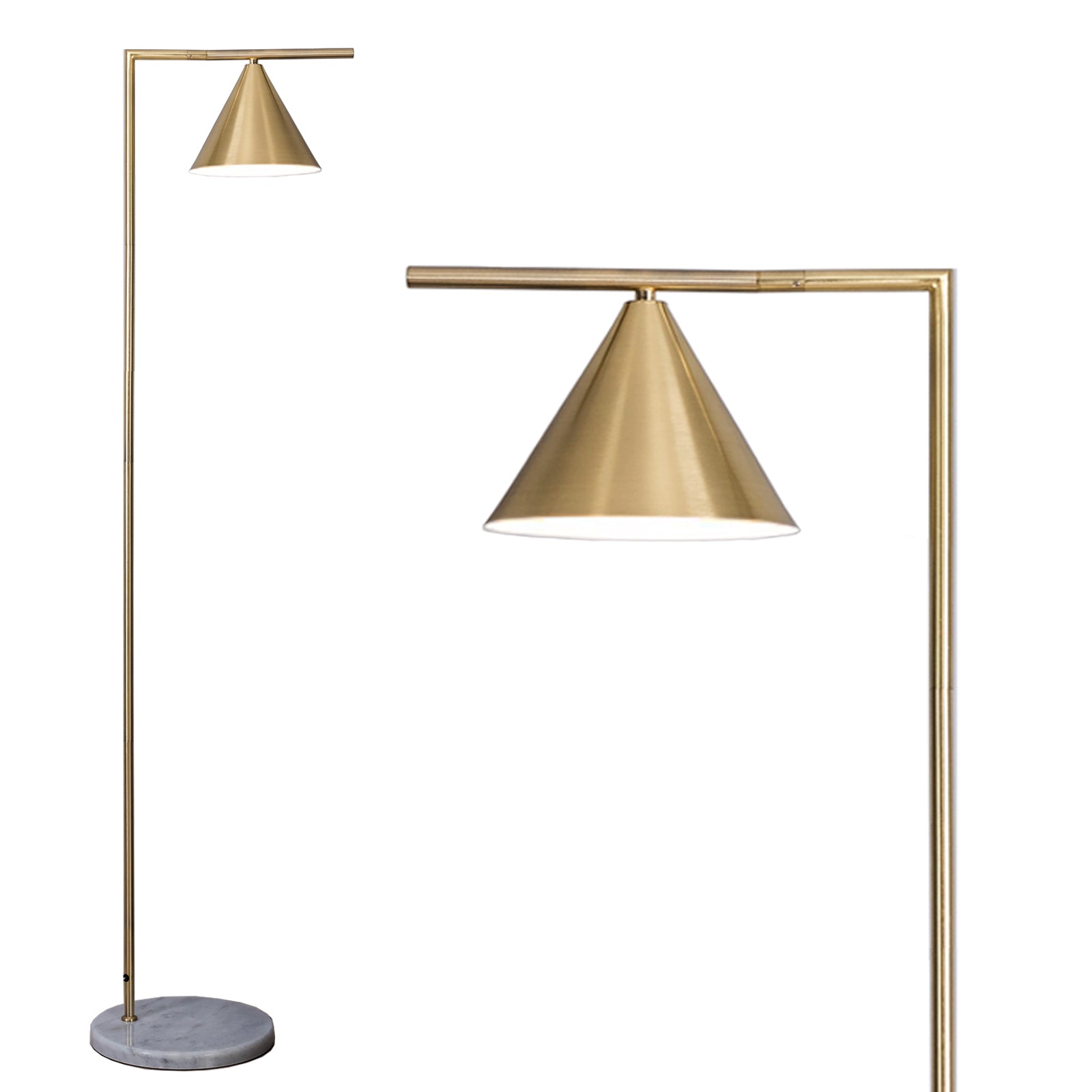 Floor Lamp, Adjustable Cone Shade, On/Off Switch, ECP Plug, Reading Light, Matt Brass Finish And White Marble Base, E27 Bulb Cap