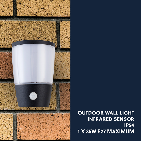 Outdoor Wall Light Black finish with PIR Infrared Sensor IP54 Aluminium Exterior Weatherproof Warm White Light, Ideal for Garden, Front/Back Door, Balcony