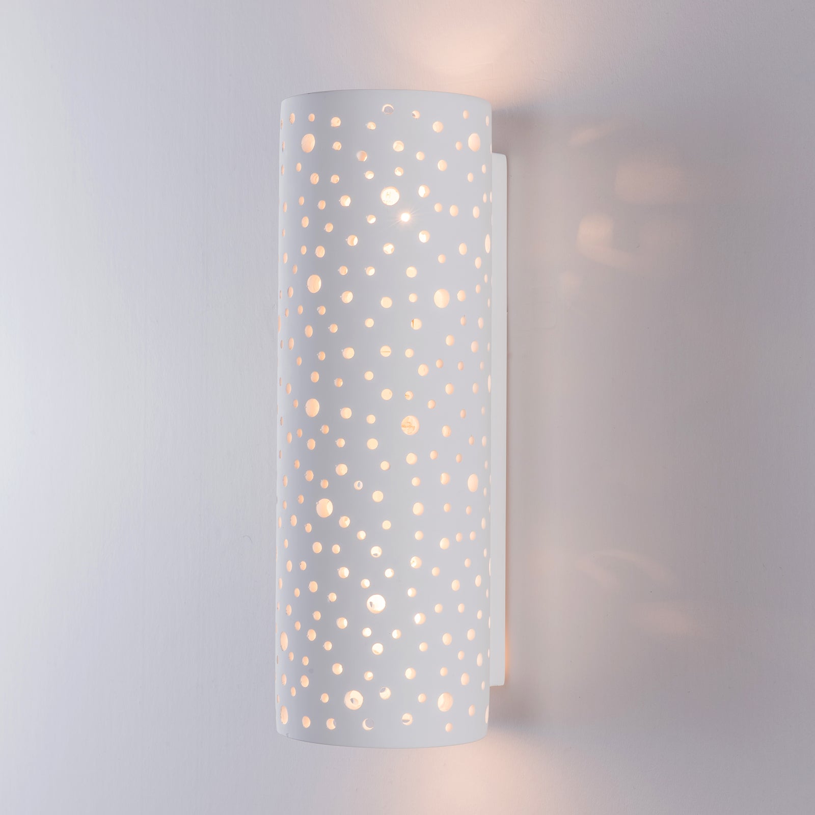 Perforated Up/Down Ceramic Wall Light, Cylinder Shade, 2xE14 Bulb Cap 40 Watts Maximum Each, White finish