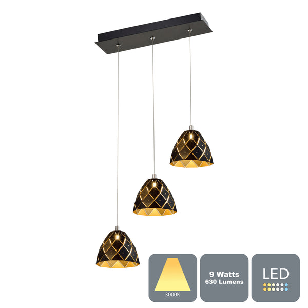 Modern LED Pendant Black and Gold Finish with Metal Shade, 3 Light Bar, RRP: £108
