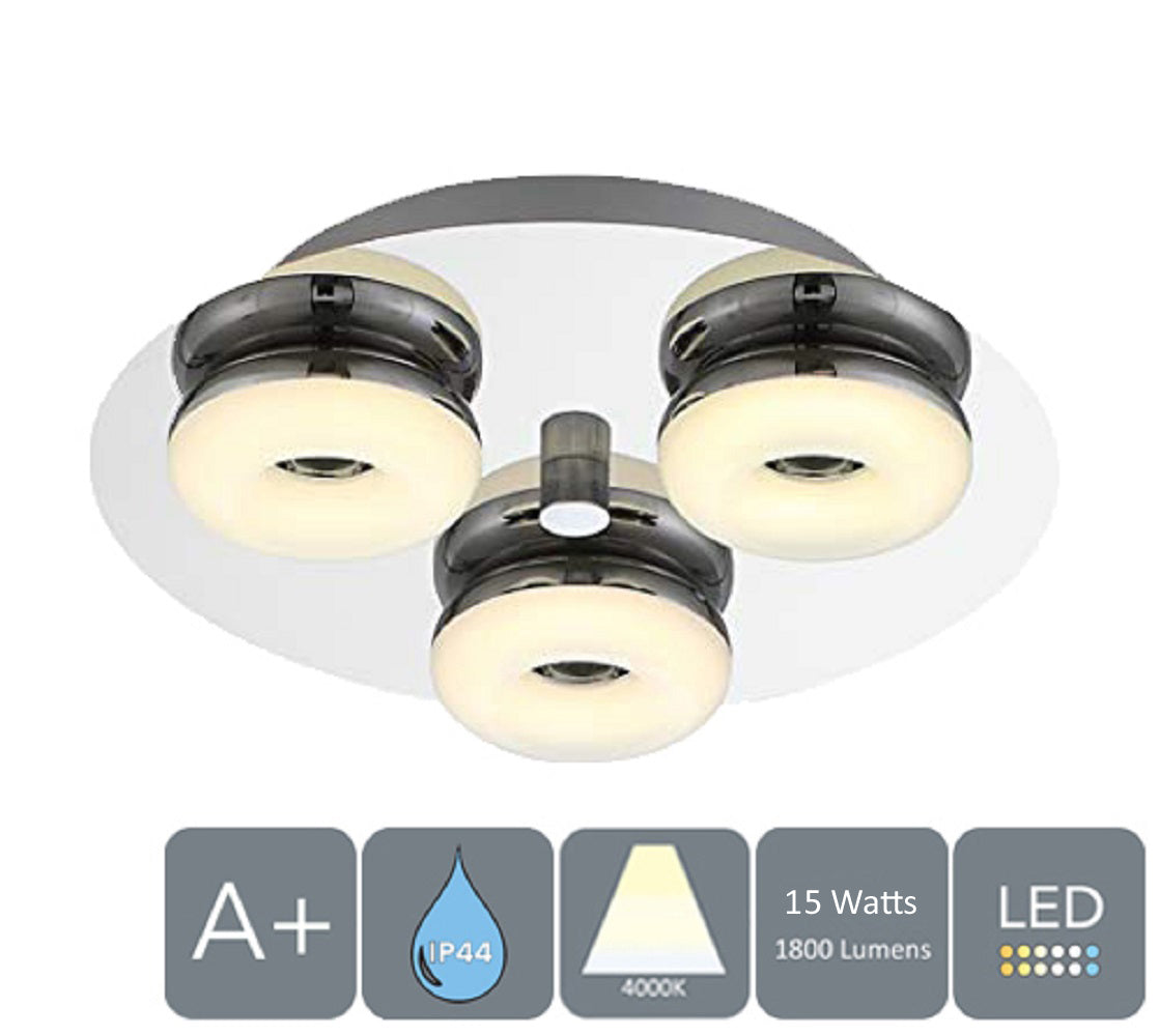 LED Bathroom Ceiling Light 3 Lights, Natural White, Polished Chrome, IP44