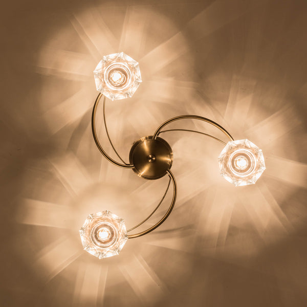 3 Light Semi-Flush Ceiling Light, Antique Brass Finish, Clear Glass Shades, G9 Bulb Cap