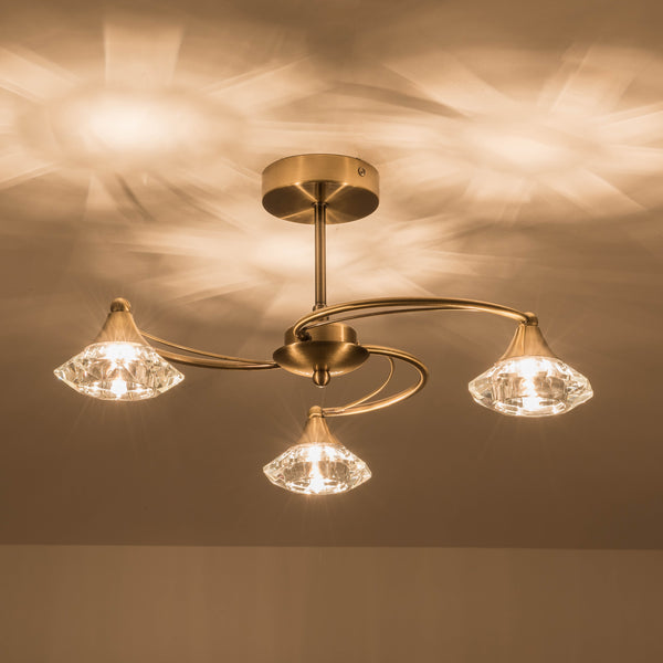 3 Light Semi-Flush Ceiling Light, Antique Brass Finish, Clear Glass Shades, G9 Bulb Cap