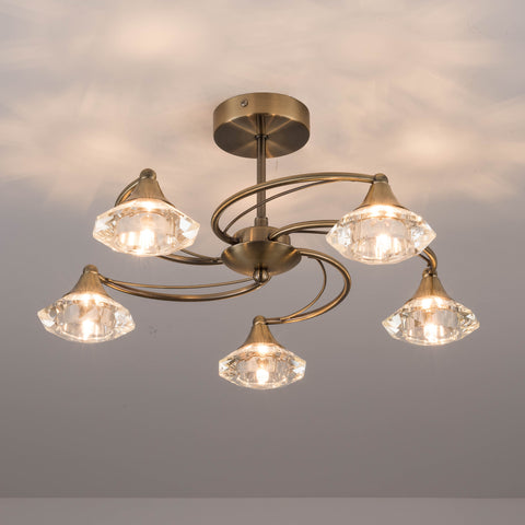 5 Light Semi-Flush Ceiling Light, Antique Brass Finish, Clear Glass Shades, G9 Bulb Cap