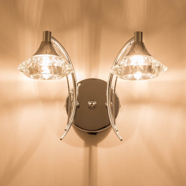 Double Wall Light and Sconce, Polished Chrome Finish, Clear Glass Shades, G9 Bulb Cap