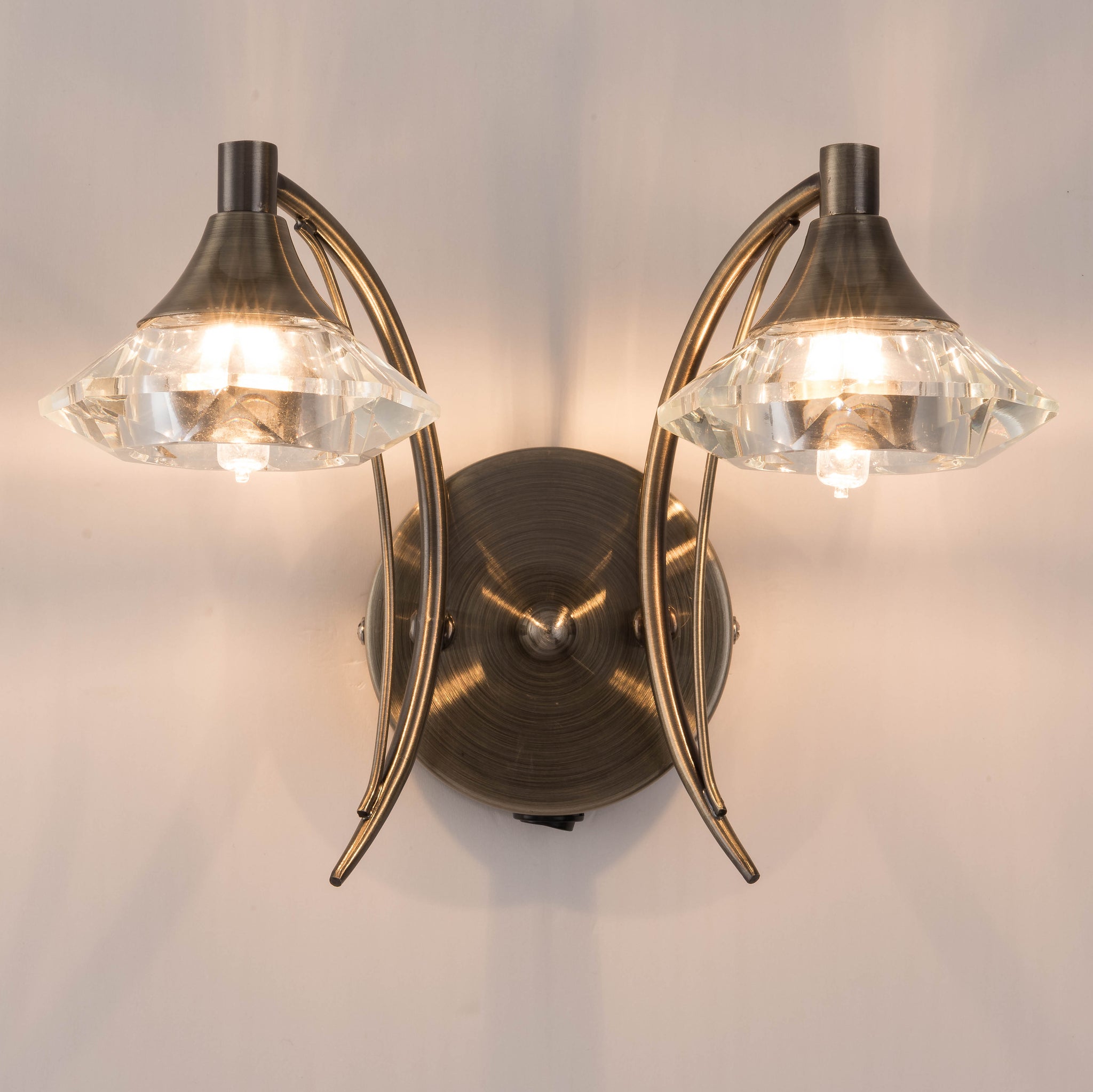 Double Wall Light and Sconce, Antique Brass Finish, Clear Glass Shades, G9 Bulb Cap