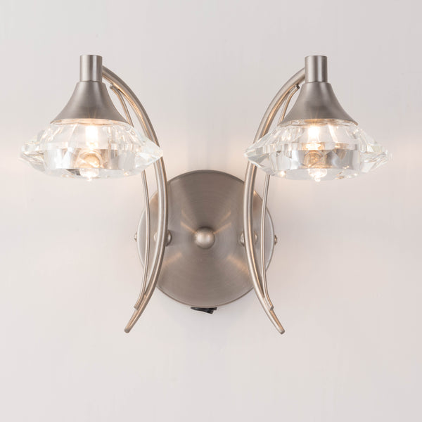 Double Wall Light and Sconce, Satin Nickel Finish, Clear Glass Shades, G9 Bulb Cap