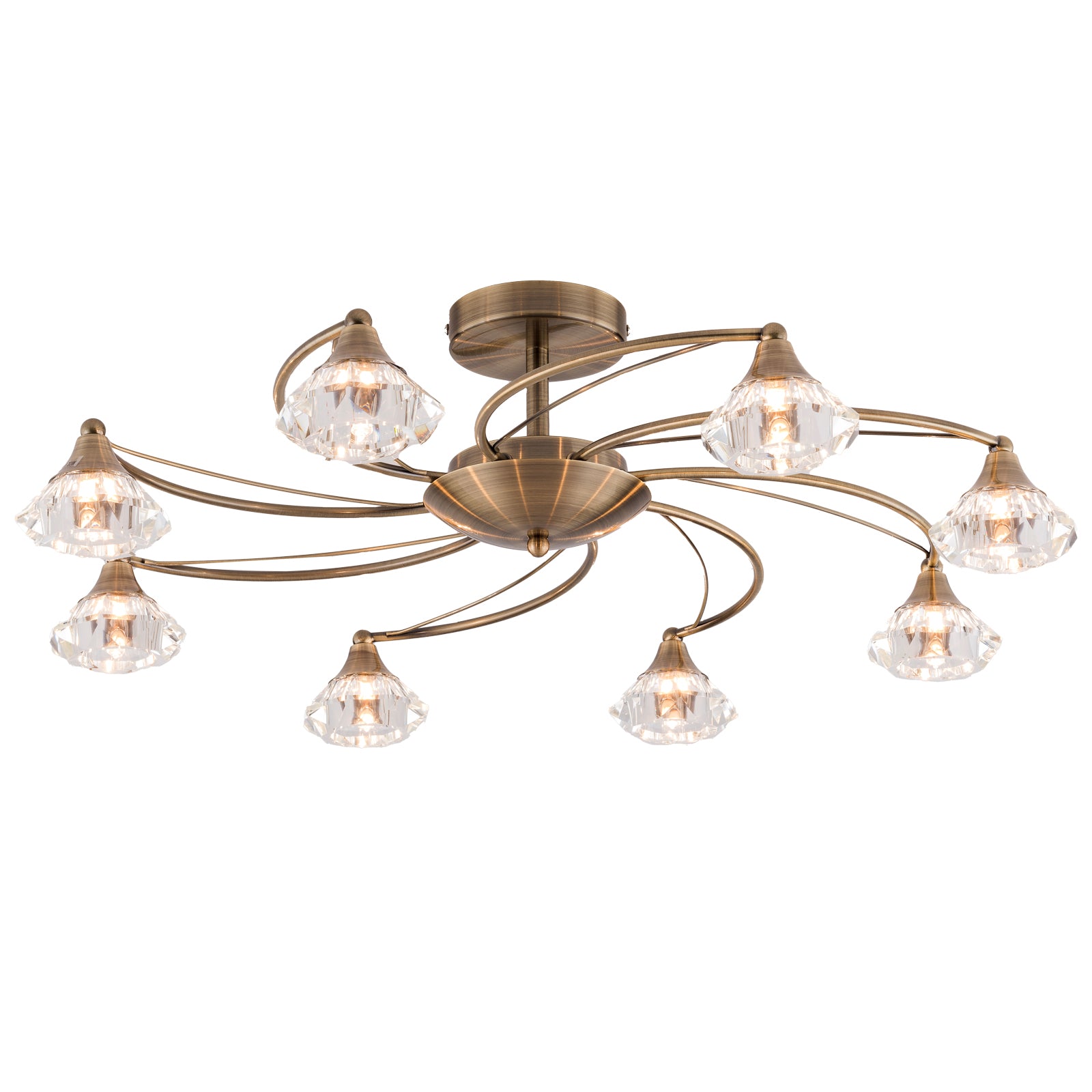 8 Light Semi-Flush Ceiling Light, Antique Brass Finish, Clear Glass Shades