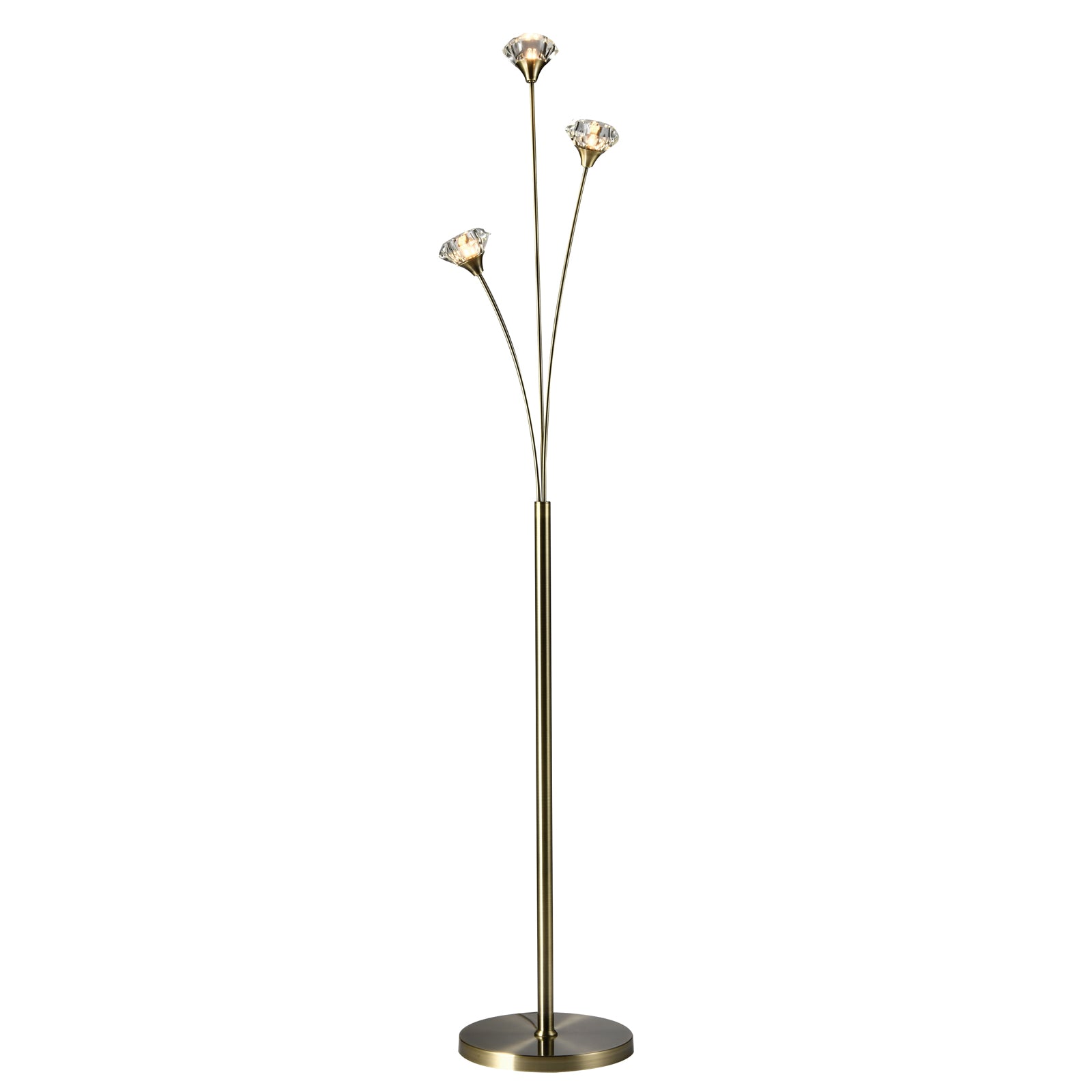 3 Light Floor Lamp, UK Plug Included, Antique Brass Finish, Clear Glass Shades