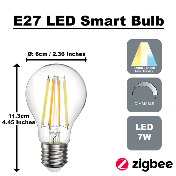 Zigbee E27 7 Watts LED Smart Bulb, CCT 2700K-6000K, Dimmable Pack of 2