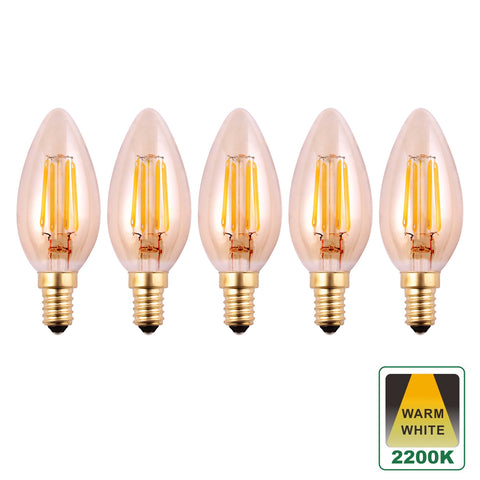 E14 Filament Candle Light Bulbs Amber Finish 4.5 Watts Dimmable LED SES, Warm White Packs of 5