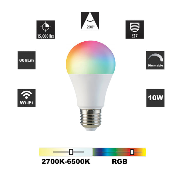 Tuya E27 10 Watts WiFi LED Smart Bulb, RGB CCT 2700K-6500K, Dimmable